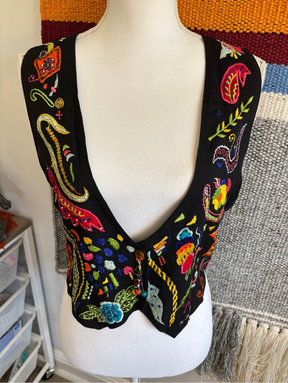 Vintage Embroidered Black Floral Vest Vest